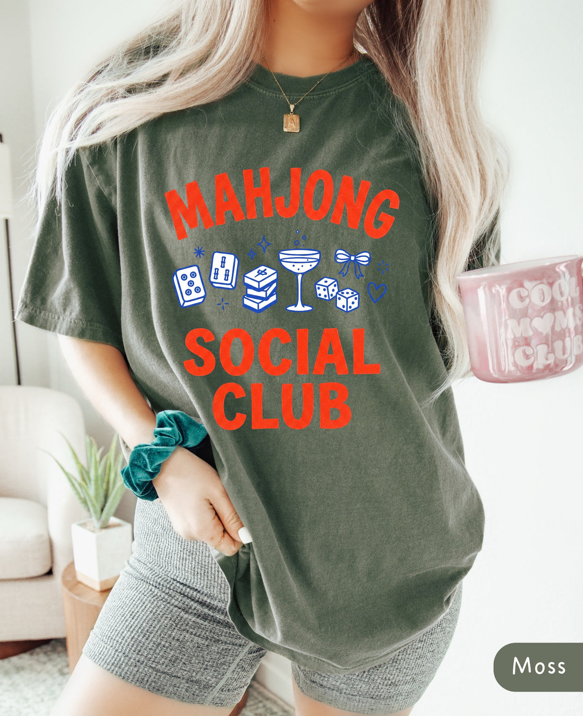 Mahjong Social Club shirt in moss green, Comfort Colors garment-dyed tee for mahj night