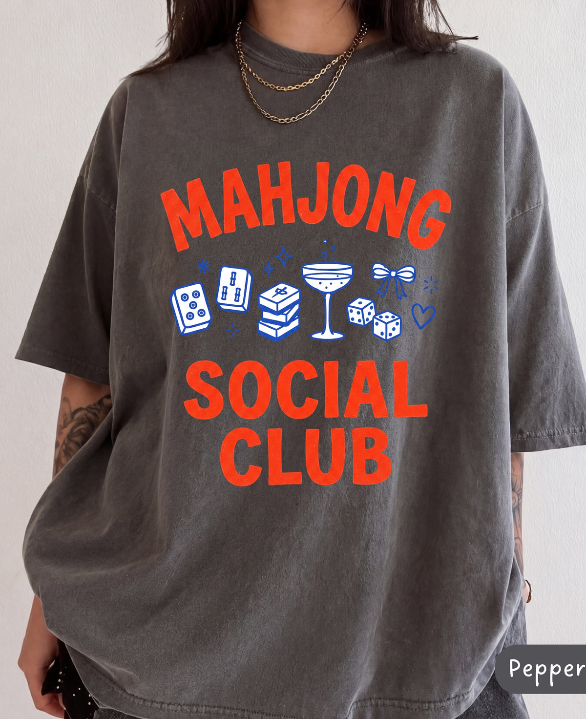 Mahjong Social Club shirt in pepper charcoal gray, oversized Comfort Colors mahjong tee