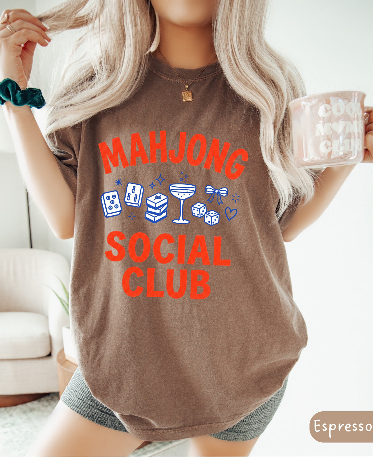 Mahjong Social Club shirt in espresso brown, Comfort Colors tee with red and blue mahjong graphic