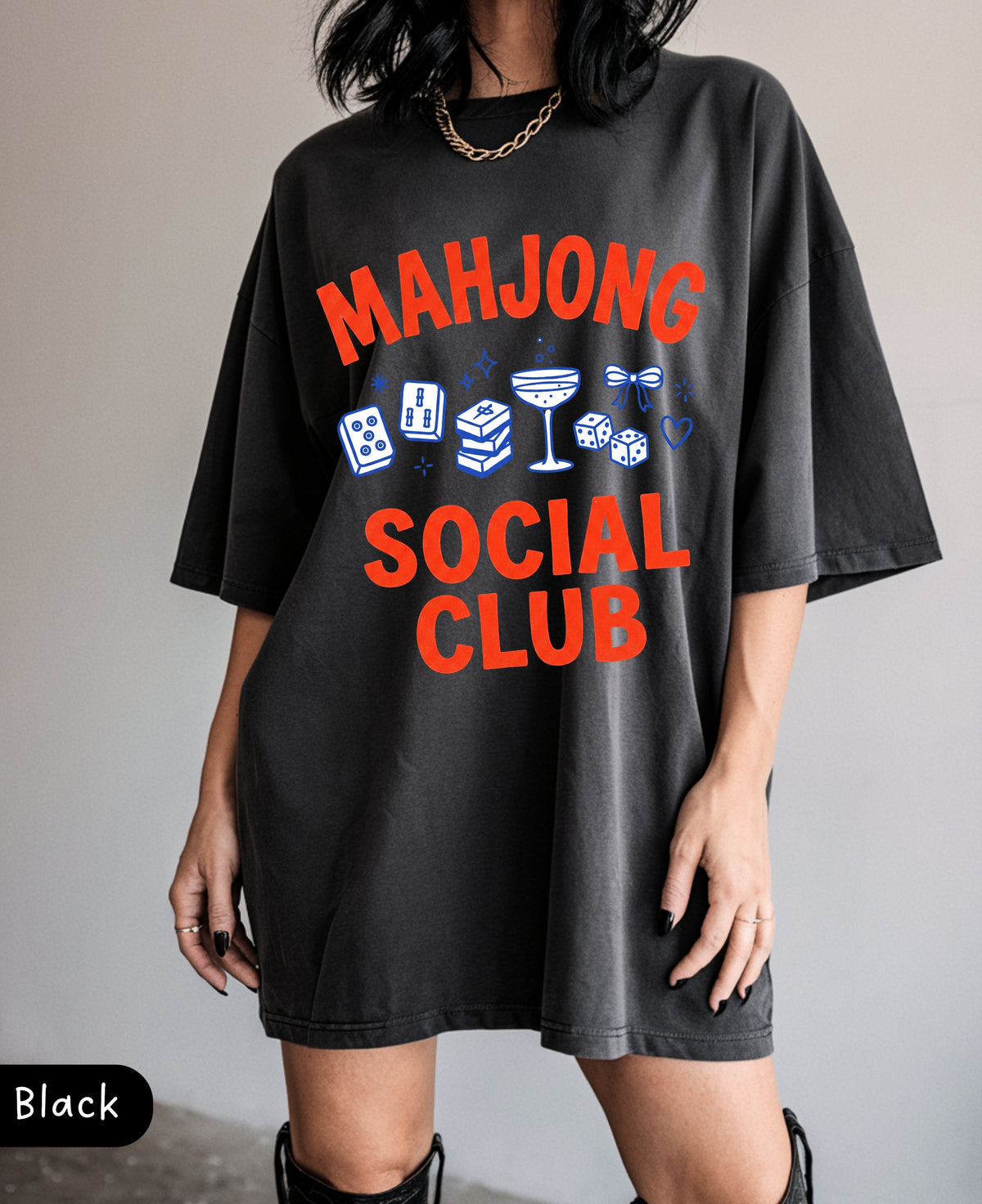 Black Mahjong Social Club oversized tee, Comfort Colors shirt for mahjong game night