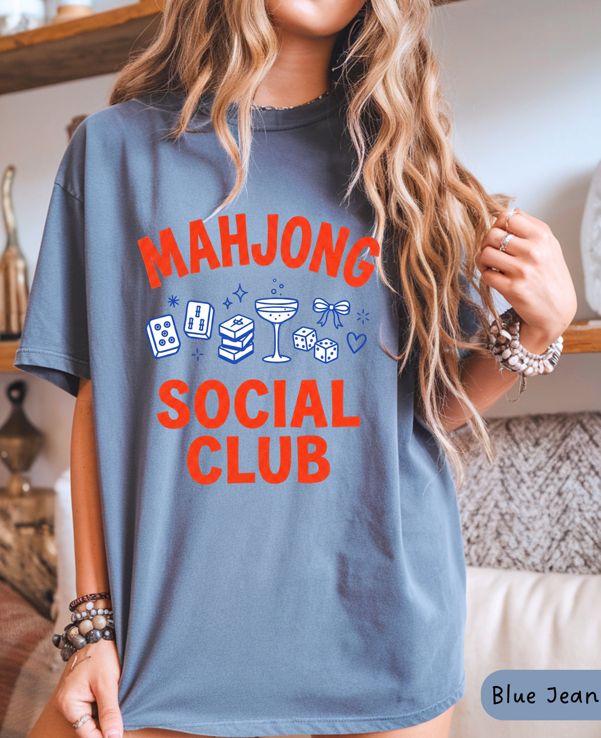 Mahjong Social Club shirt in blue jean, Comfort Colors garment-dyed mahjong tee