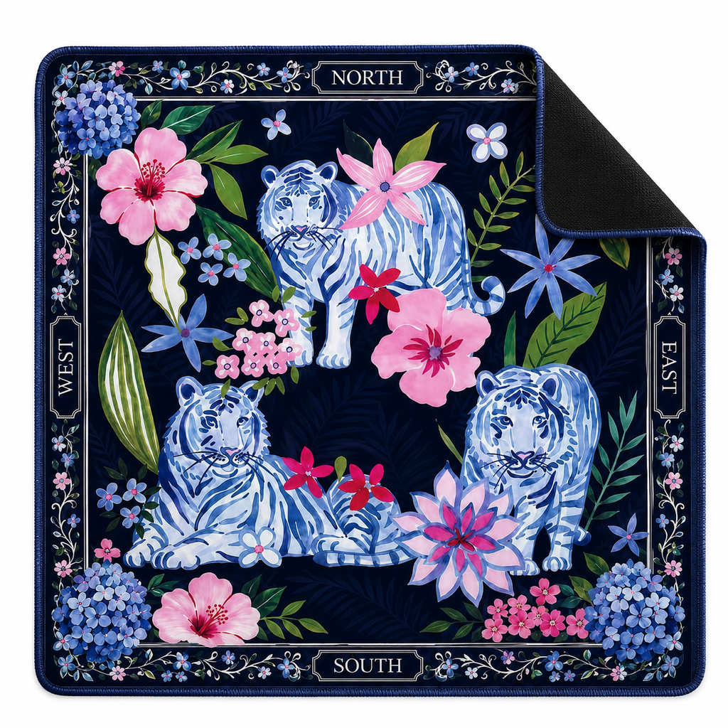 Navy chinoiserie mahjong mat with white tigers, pink flowers and North South East West labels on the border