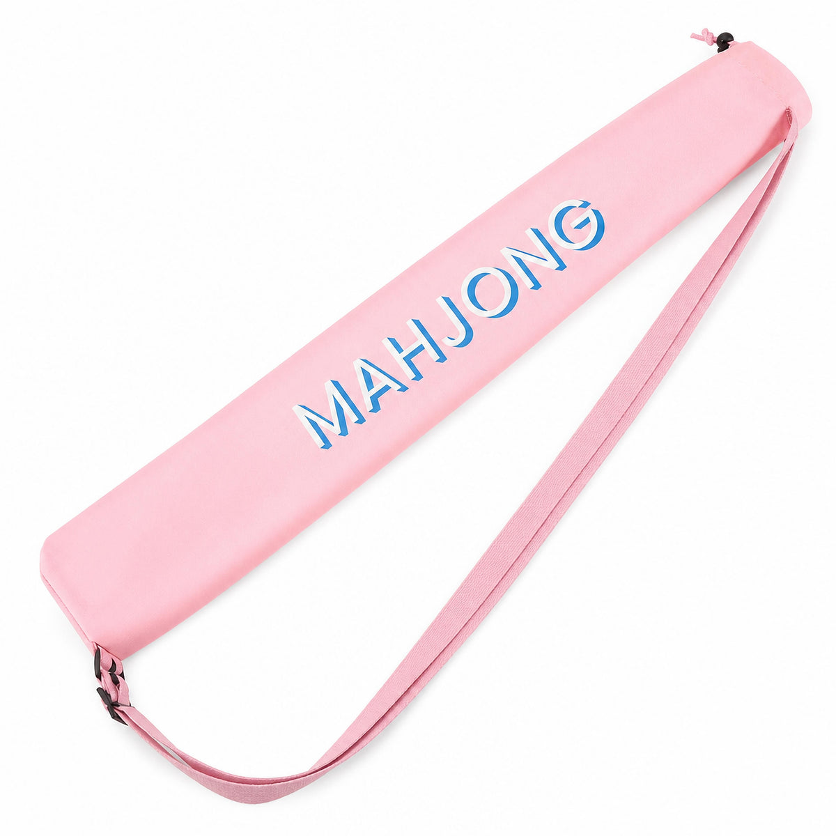 Light pink mahjong mat carry bag with blue MAHJONG lettering and long shoulder strap
