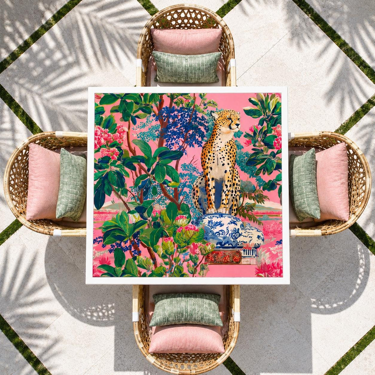Pink Cheetah Tropical Chinoiserie Mahjong Mat