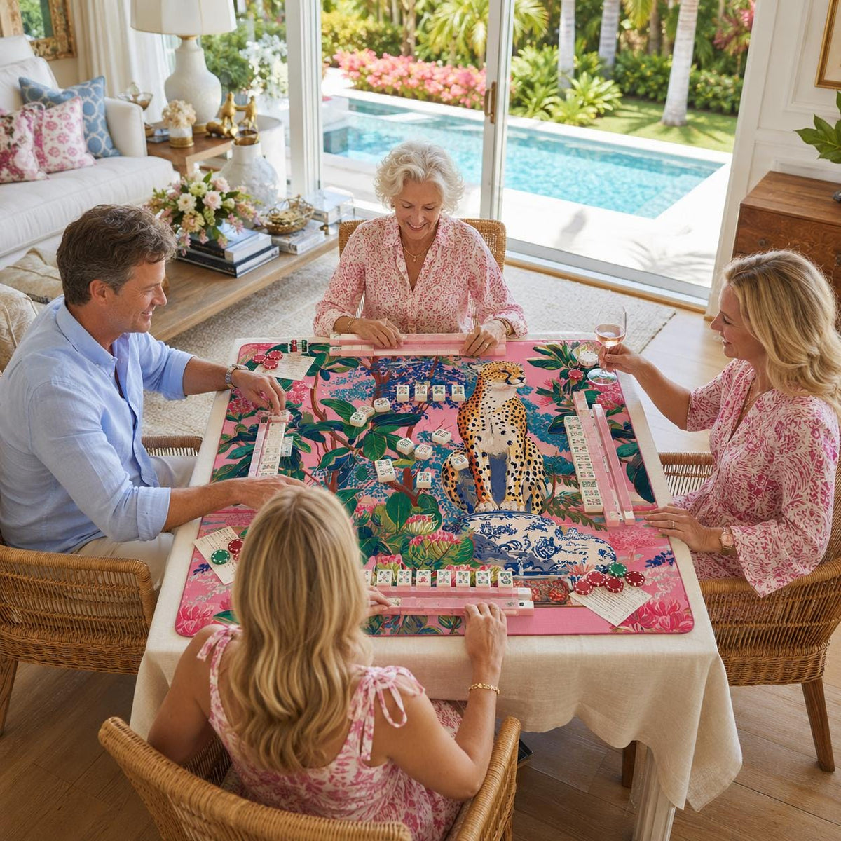 Pink Cheetah Tropical Chinoiserie Mahjong Mat
