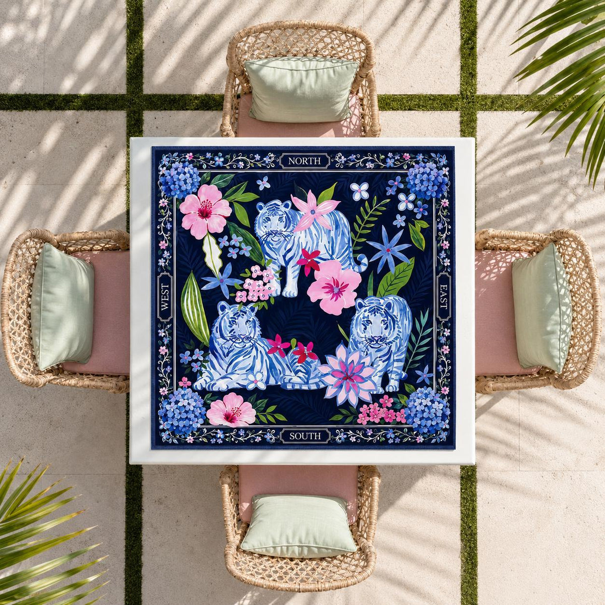 Blue Chinoiserie Tiger Mahjong Mat