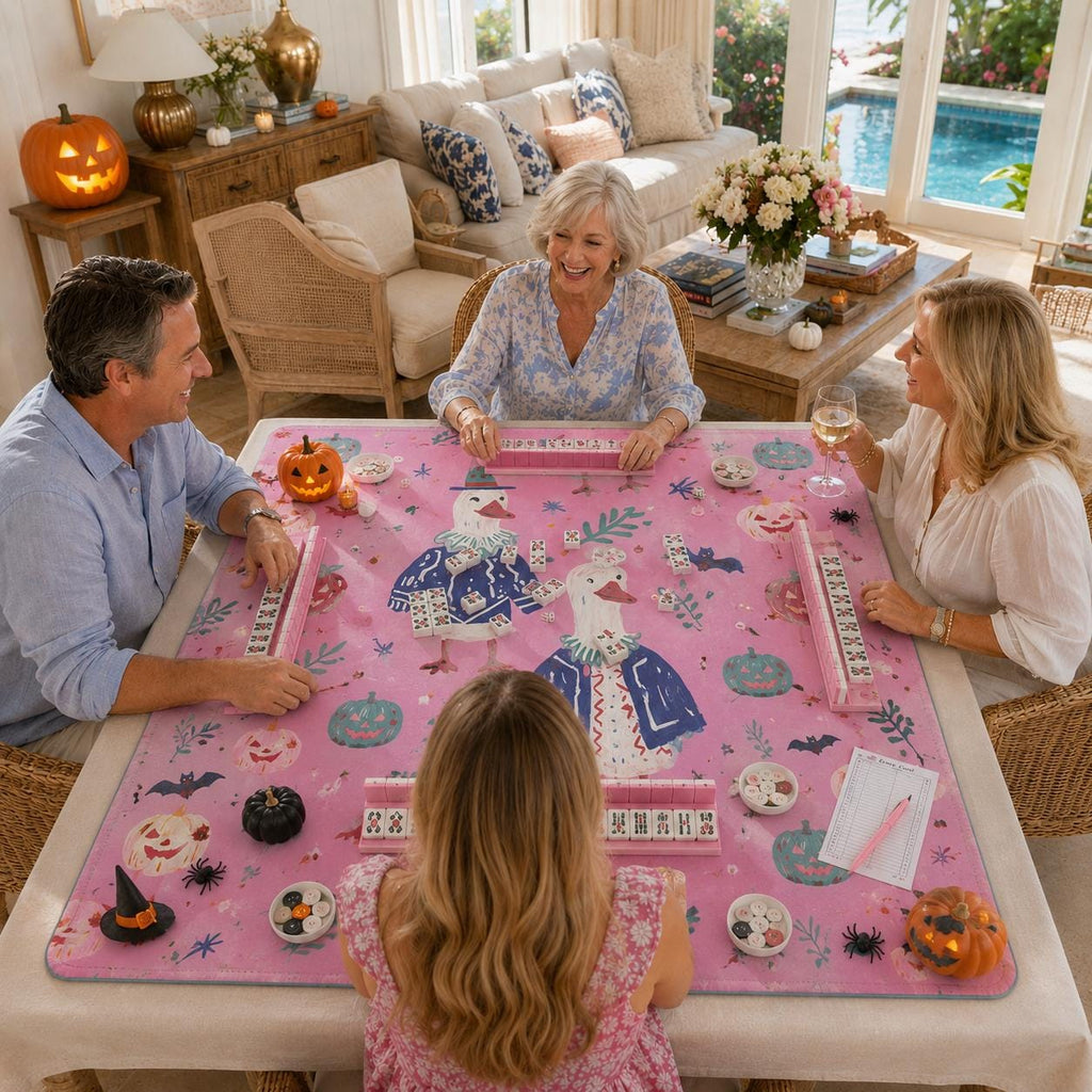 Friends playing American mahjong on the Pink Goose Halloween mat with pink racks at a Halloween game night