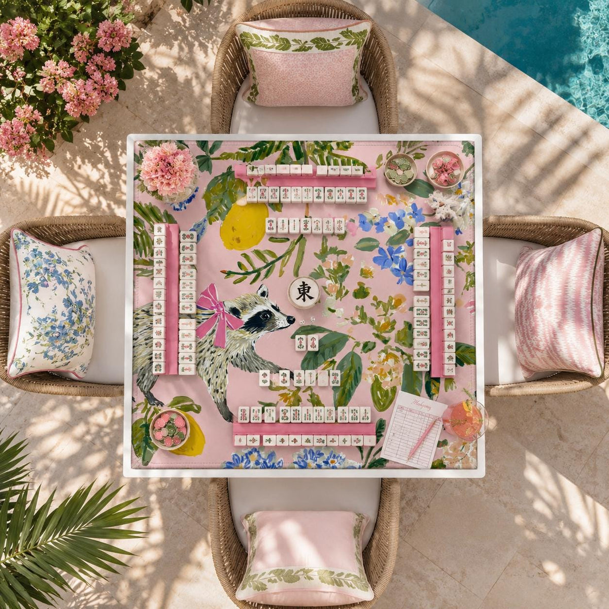 Raccoon Lemon Garden Mahjong Mat