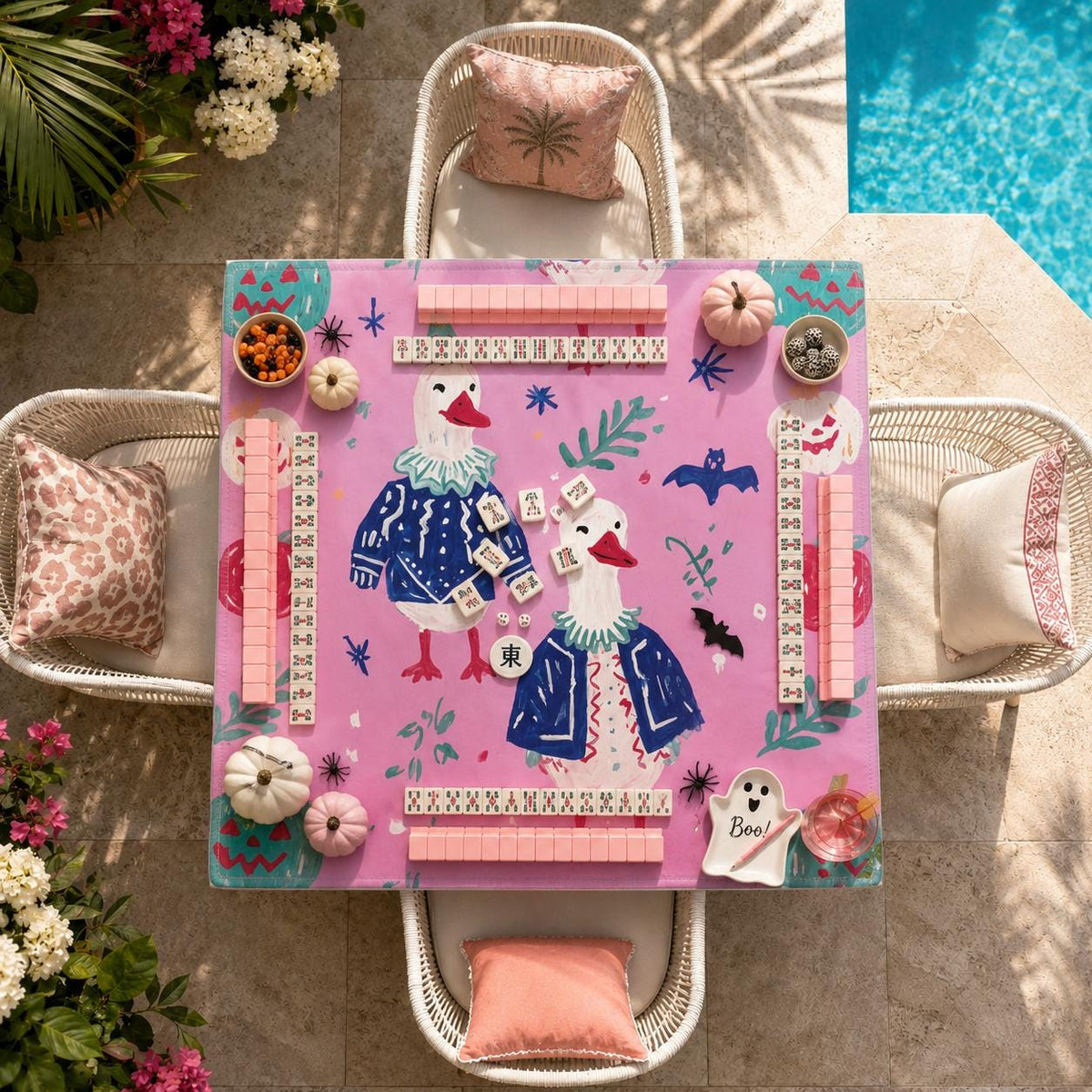 Pink Goose Pumpkin & Bat Halloween Mahjong Mat