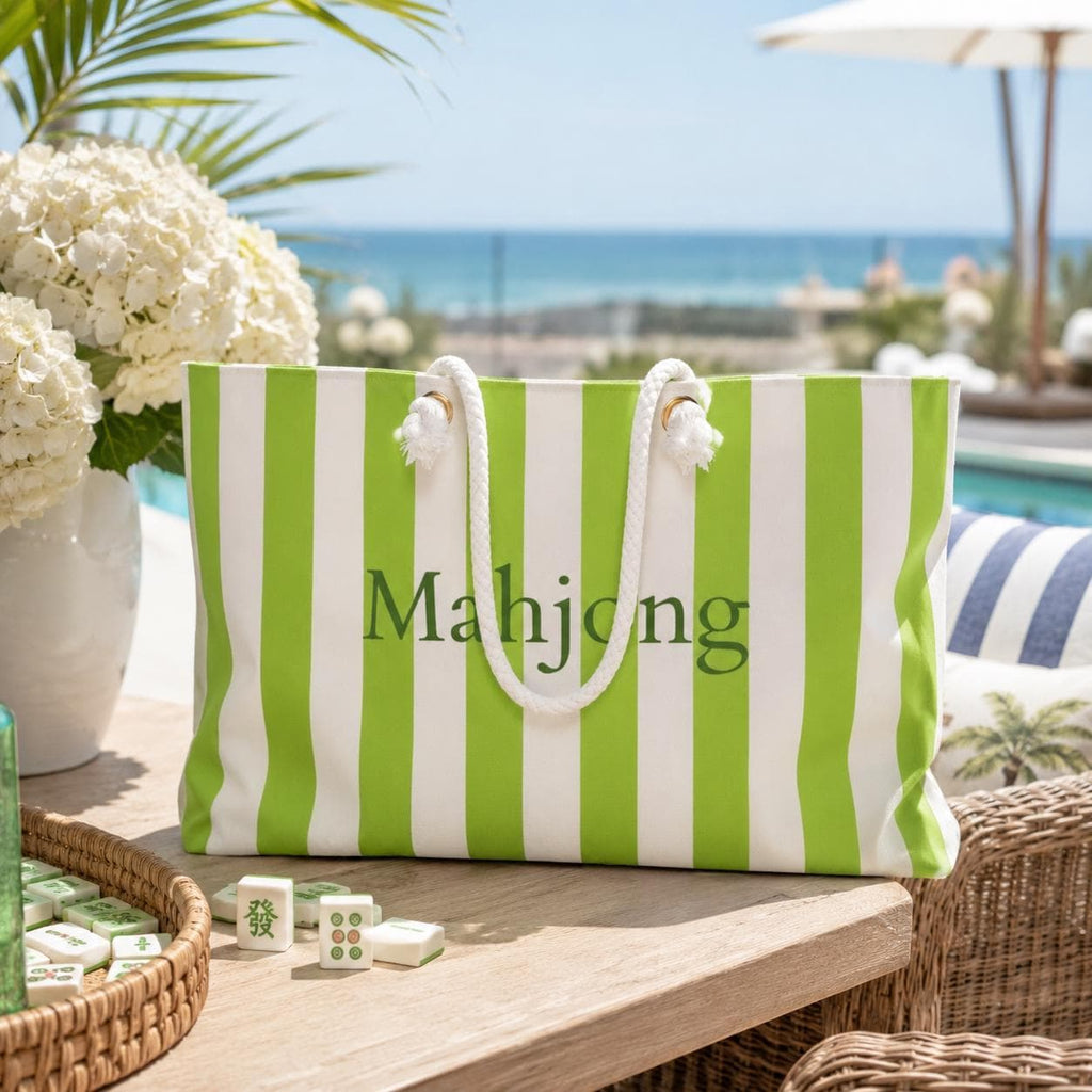 Green Stripe Mahjong Weekender Bag – Large Striped Mahjong Tote, 24" × 13"