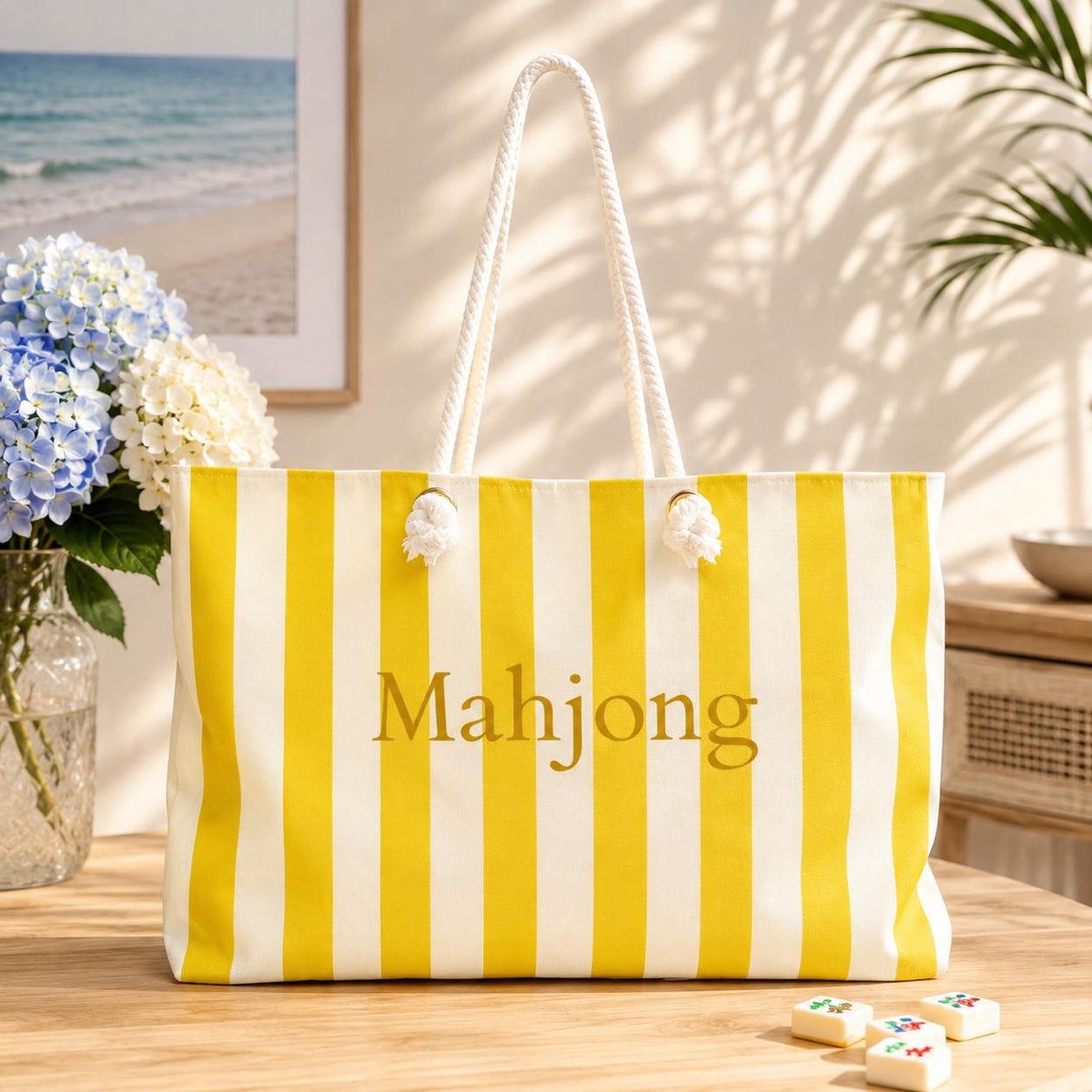 Yellow Stripe Mahjong Weekender Bag – Large Striped Mahjong Tote, 24" × 13"
