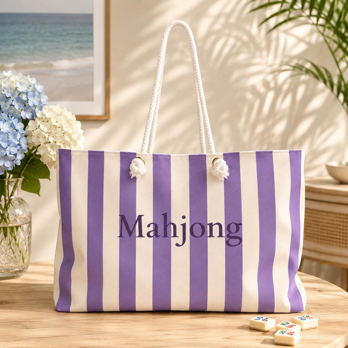 Purple Stripe Mahjong Weekender Bag – Large Striped Mahjong Tote, 24" × 13"