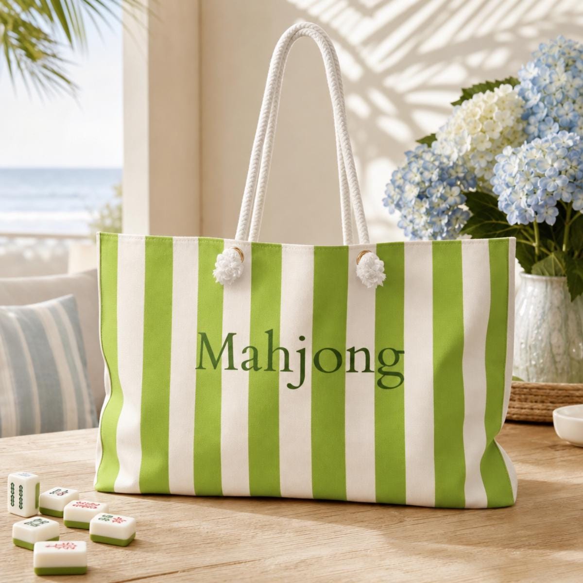Green Stripe Mahjong Weekender Bag – Large Striped Mahjong Tote, 24" × 13"