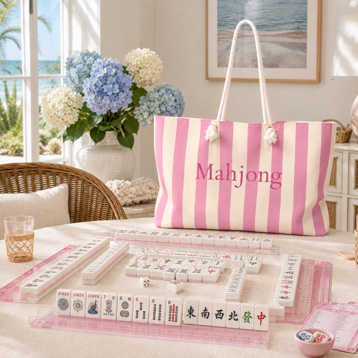 Pink Stripe Mahjong Weekender Bag – Large Striped Mahjong Tote, 24" × 13"