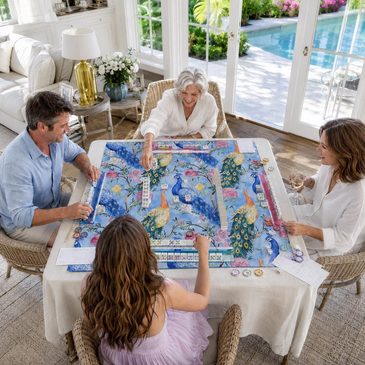 Blue Peacock Chinoiserie Mahjong Mat