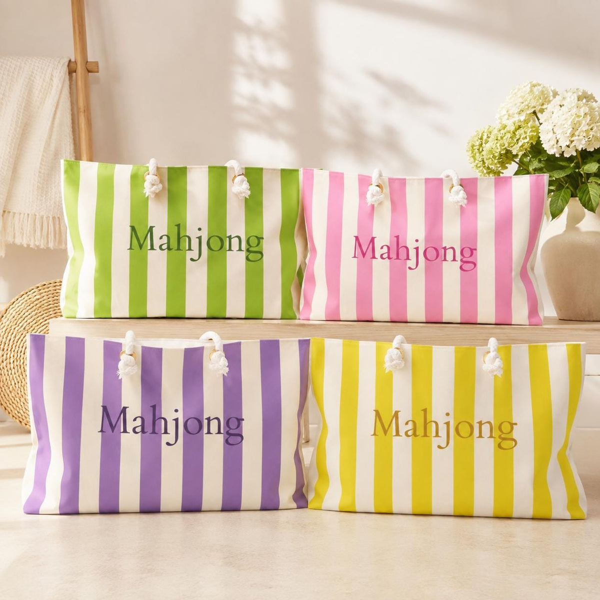 Pink Stripe Mahjong Weekender Bag – Large Striped Mahjong Tote, 24" × 13"