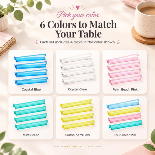 Mahjong racks in 6 colors: coastal blue, crystal clear, palm beach pink, mint green, sunshine yellow, four-color mix