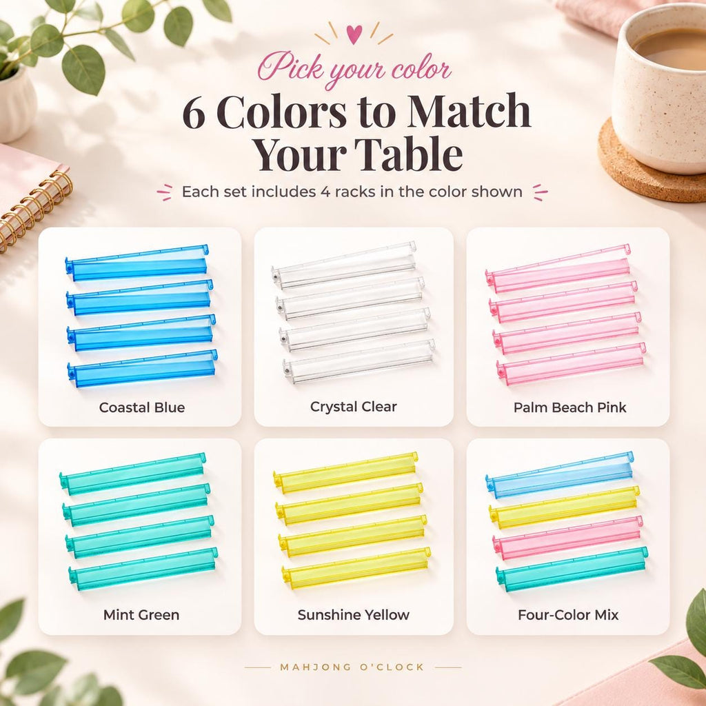Mahjong rack color options: Coastal Blue, Crystal Clear, Palm Beach Pink, Mint Green, Sunshine Yellow, Four-Color Mix