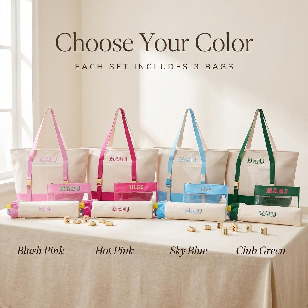Mahjong bag set in four colors: blush pink, hot pink, sky blue and club green