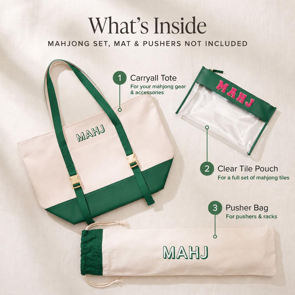 What's inside the mahjong bag set: carryall tote, clear tile pouch and pusher bag