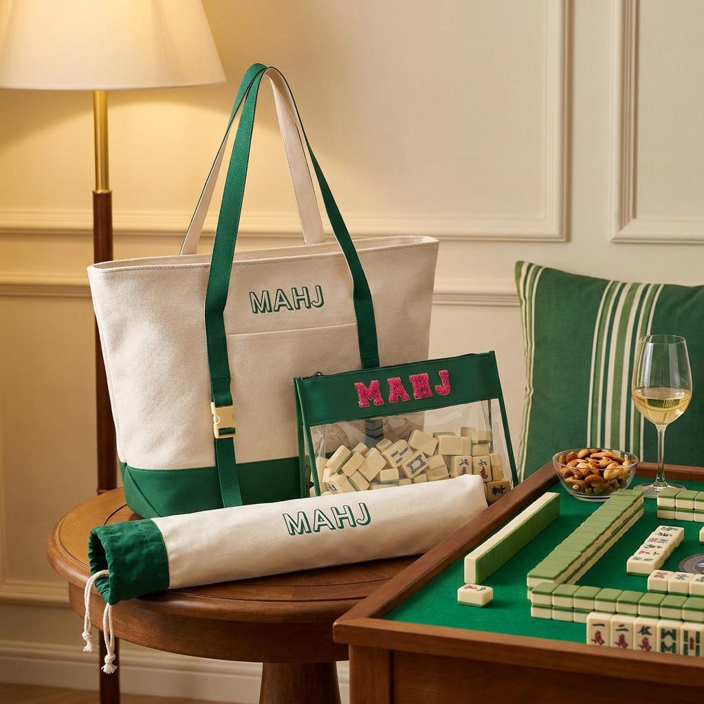 Club green mahjong bag set next to a mahjong table