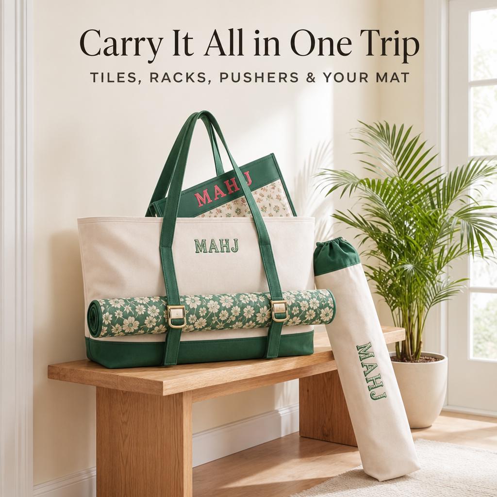 Green mahjong tote holding tiles, racks, pushers and mat in one trip
