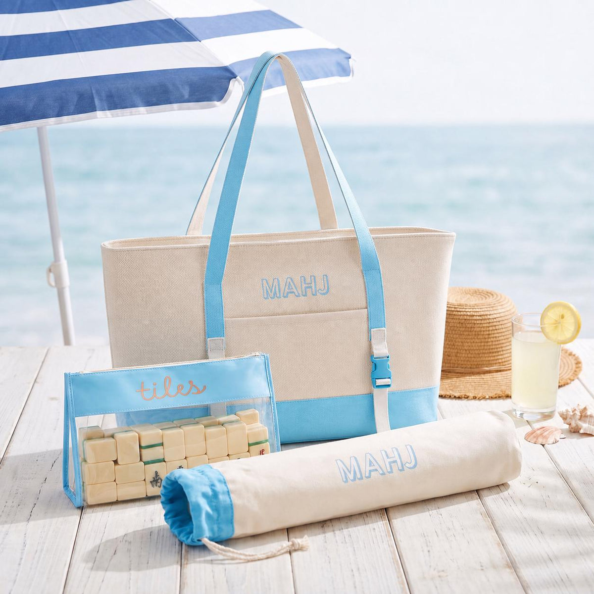 Sky blue mahjong bag set at the beach