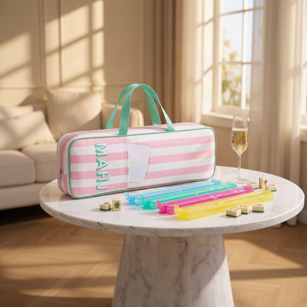 Pink stripe MAHJ rack bag with mahjong racks