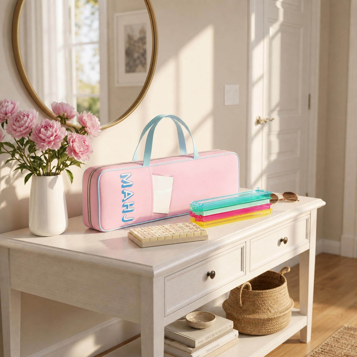 Solid pink mahjong rack bag on an entry table
