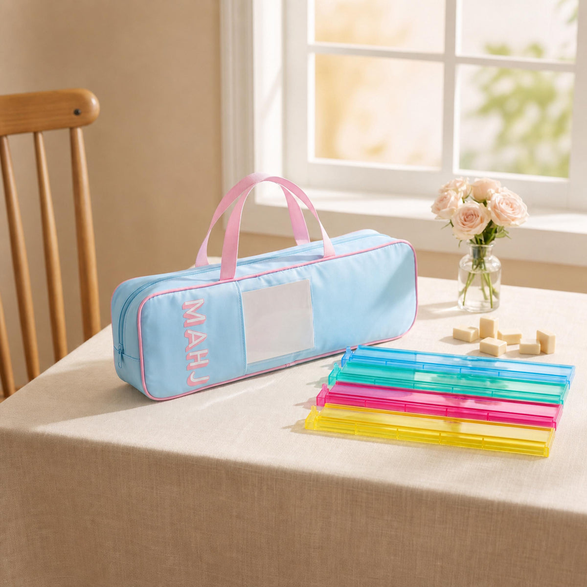 Solid blue mahjong rack bag with colorful racks