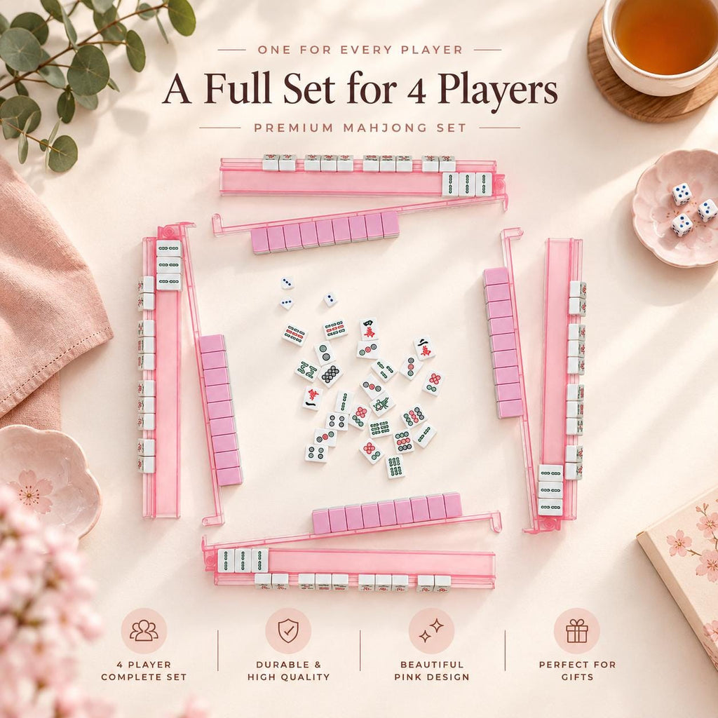 Full set of 4 pink mahjong racks around a mahjong table