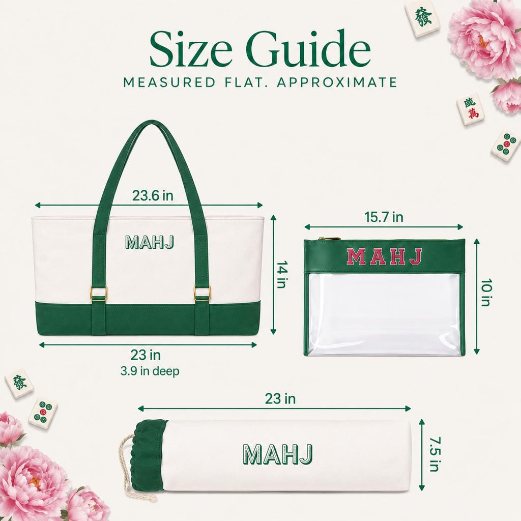 Mahjong bag set size guide with tote, tile pouch and pusher bag dimensions