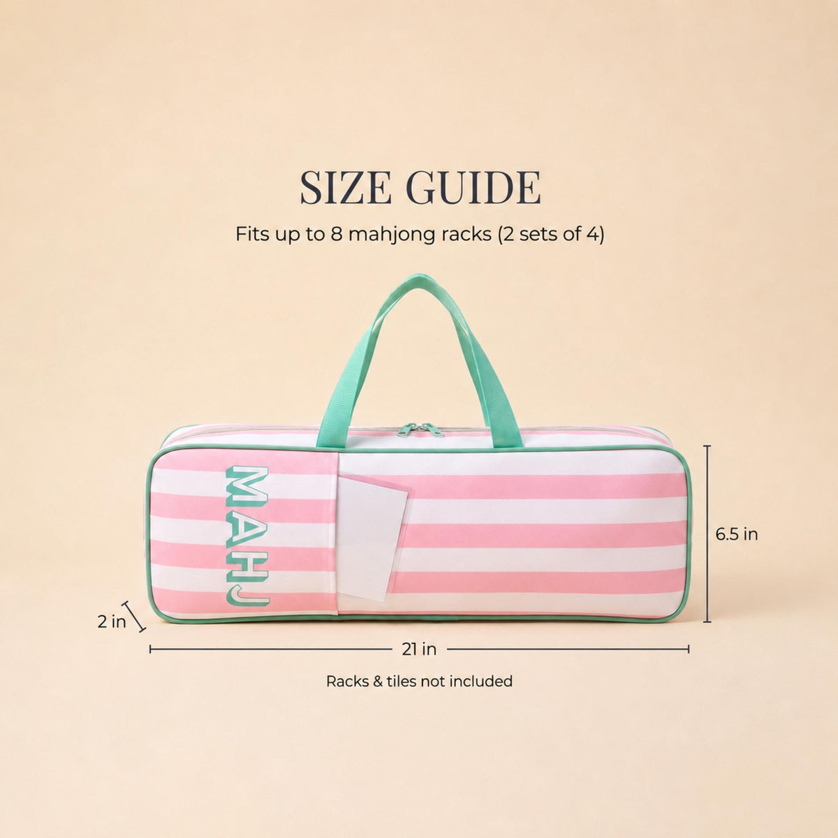 Mahjong rack bag size guide: 21 x 6.5 x 2 inches, fits 8 racks
