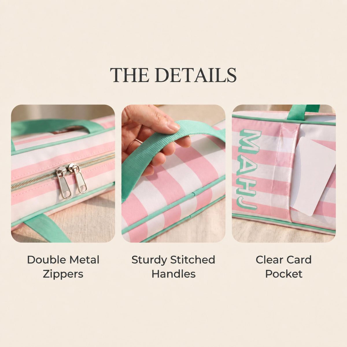 Mahjong rack bag details: double metal zippers, stitched handles, clear card pocket