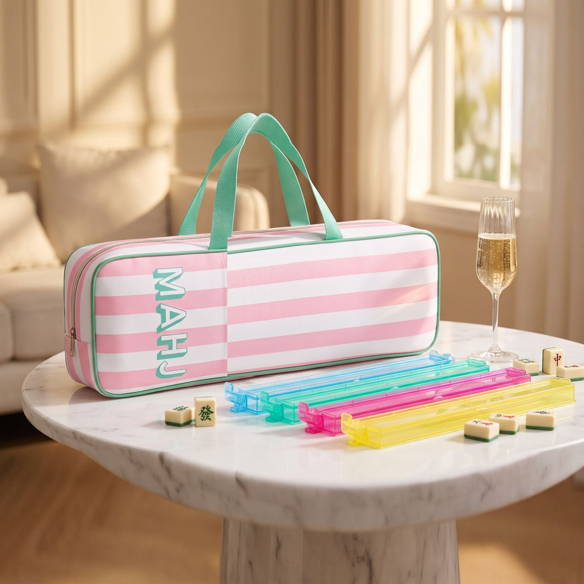 American Mahjong Racks & Rack Bag Bundle – 4 Racks with Pushers + Striped Case