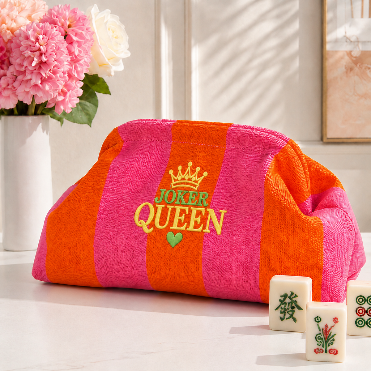 Palm Beach Pink and orange striped knit mahjong tile clutch with gold JOKER QUEEN crown embroidery