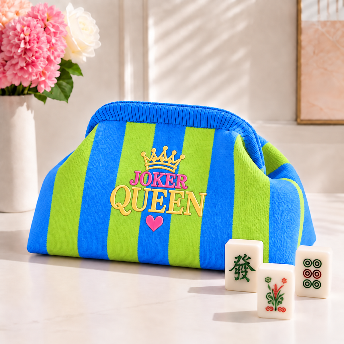 Coastal Blue and lime green striped knit mahjong tile clutch with pink and gold JOKER QUEEN crown embroidery