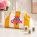 Sunshine Yellow and white striped knit mahjong tile clutch with pink and blue JOKER QUEEN crown embroidery