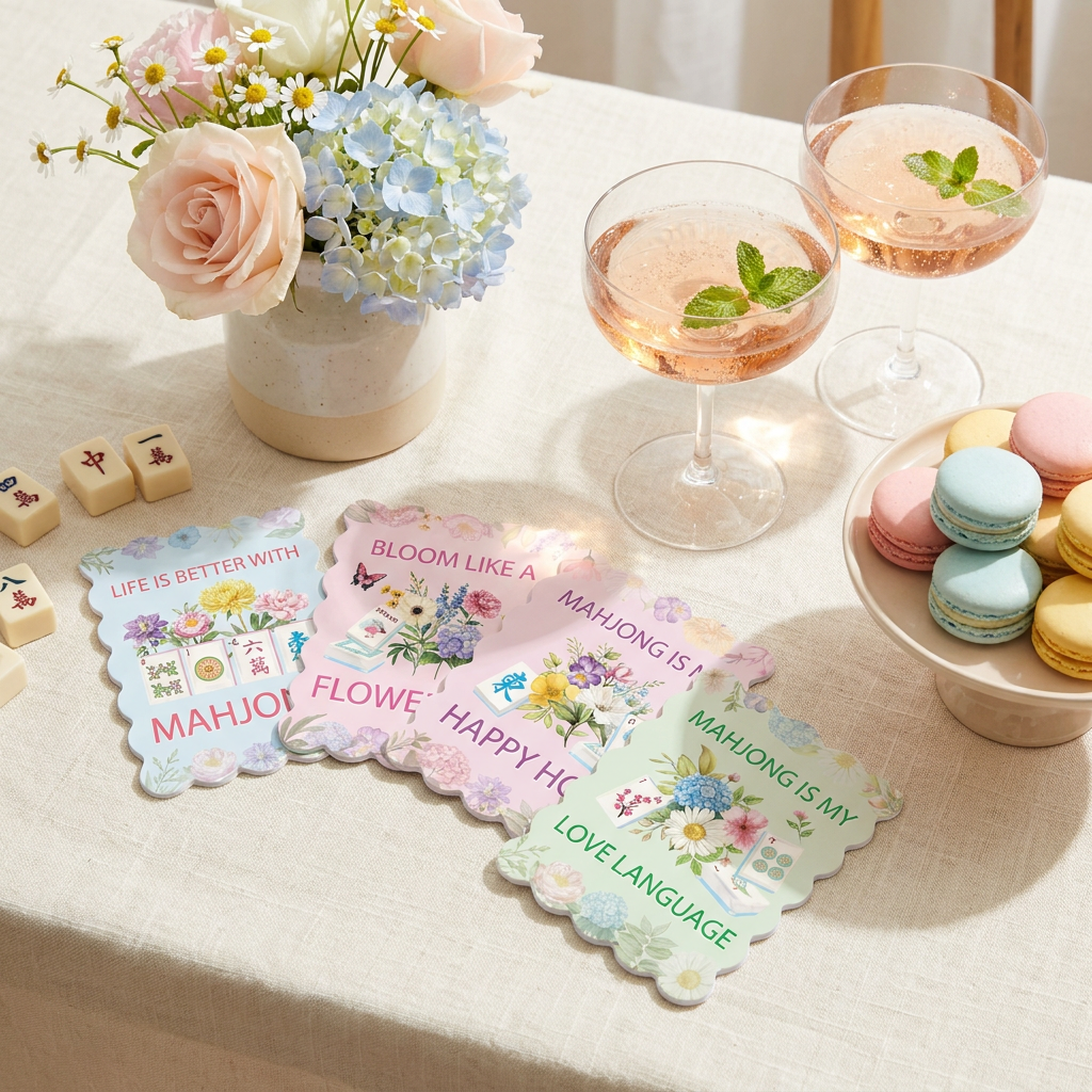 Blooming Hour floral mahjong shuffle cards on a linen table with flowers, coupe glasses and macarons