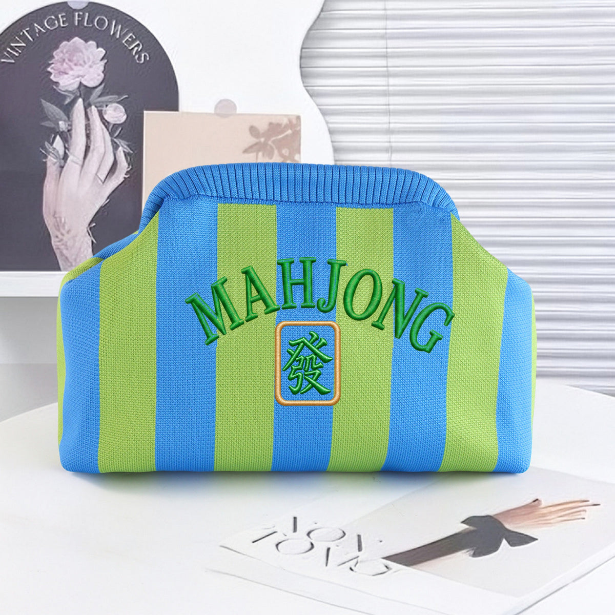 Coastal Blue and lime green striped knit mahjong tile clutch with green MAHJONG embroidery and Green Dragon tile
