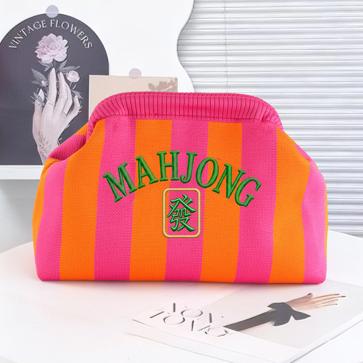 Palm Beach Pink and orange striped knit mahjong tile clutch with green MAHJONG embroidery and Green Dragon tile