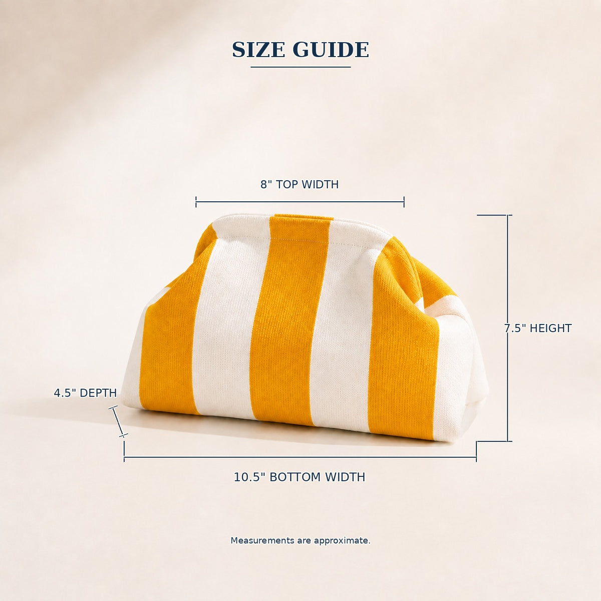 Size guide for the mahjong tile clutch: 8 in top width, 10.5 in bottom width, 7.5 in height, 4.5 in depth