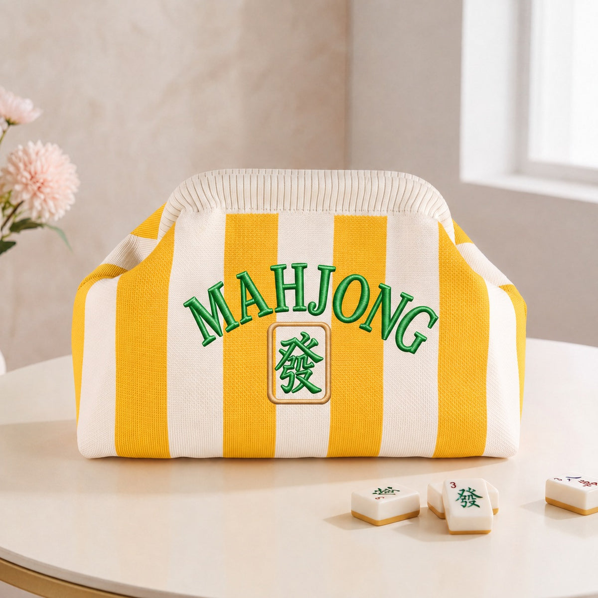 Sunshine Yellow striped knit mahjong tile clutch with green MAHJONG embroidery and a Green Dragon tile