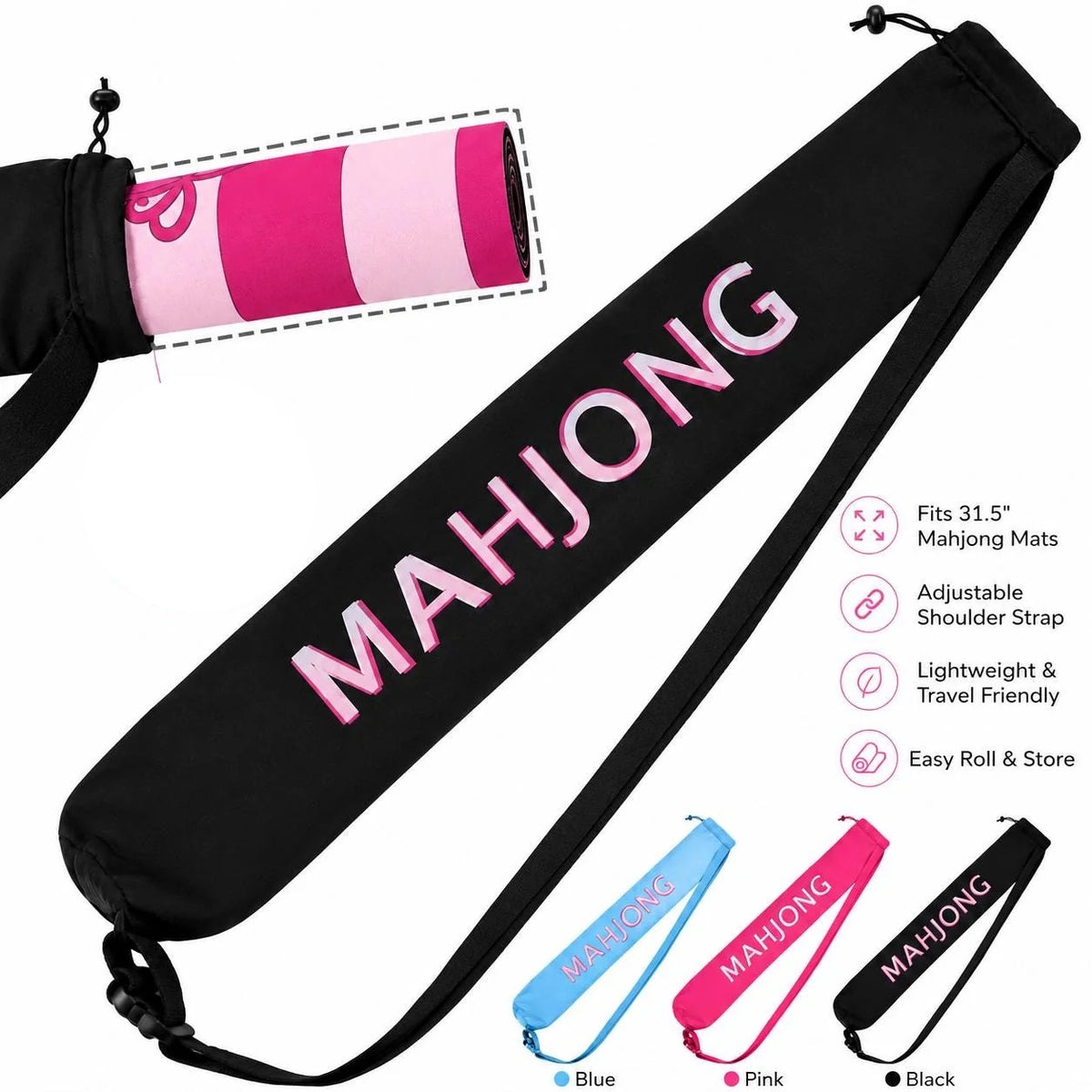 Black mahjong mat carry bag with pink MAHJONG lettering, drawstring top and shoulder strap