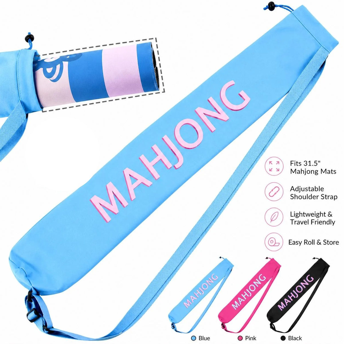 Blue mahjong mat carry bag with pink MAHJONG lettering and shoulder strap