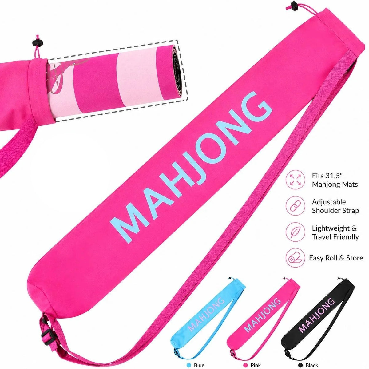 Pink mahjong mat carry bag with shoulder strap, fits 31.5 inch American mahjong mats