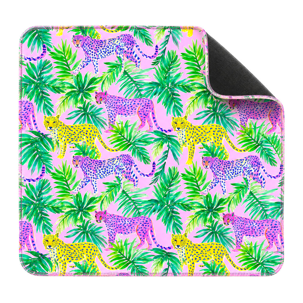 Pink leopard mahjong mat with purple and yellow leopards among green palm leaves, black non-slip underside