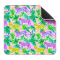 Pink leopard mahjong mat with purple and yellow leopards among green palm leaves, black non-slip underside