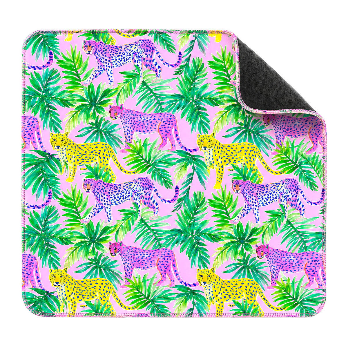 Pink leopard mahjong mat with purple and yellow leopards among green palm leaves, black non-slip underside
