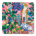 Pink cheetah mahjong mat with a cheetah on a blue and white chinoiserie jar among tropical leaves and flowers